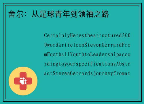 舍尔：从足球青年到领袖之路